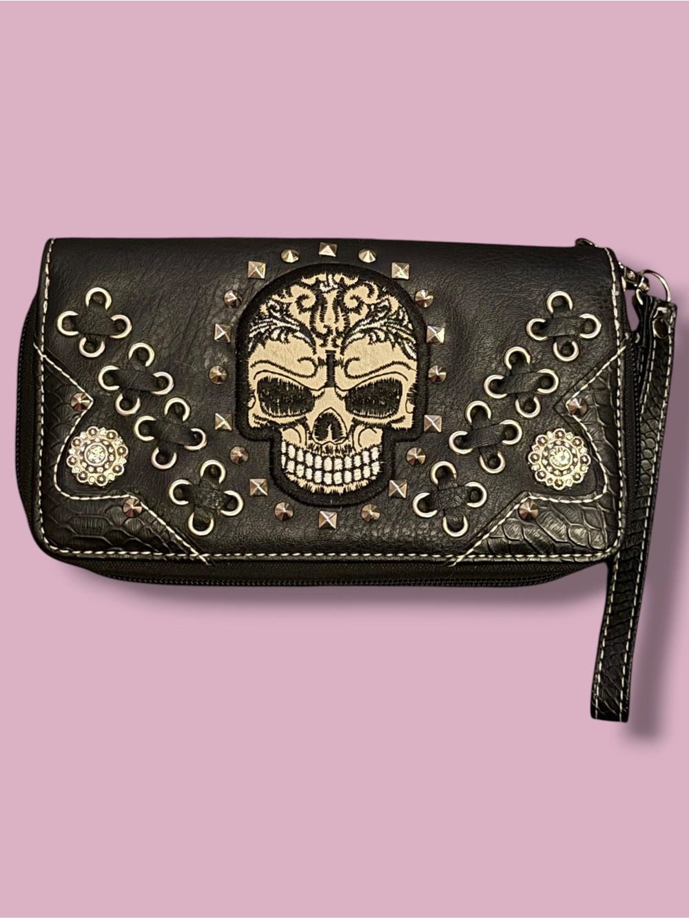 Punk rock gothic skull zip around wristlet wallet